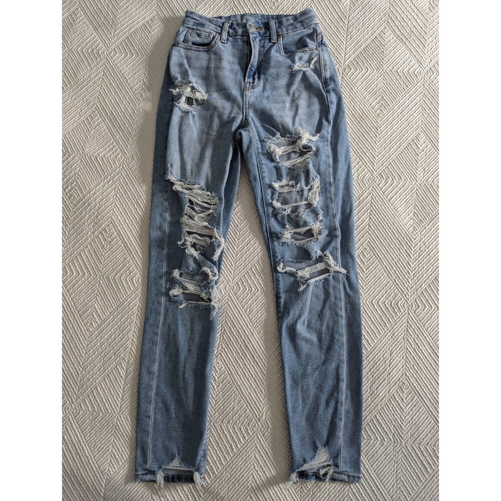American Eagle Distressed Curvy Mom Jeans, Light Wash, Size 000 Regular